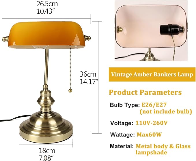 FIRVRE Bankers Desk Lamp with Pull Chain Switch, Amber Glass Shade Desk Lamps, Bronze Base,Vintage Library Lamp for Home Office, Study Room,Piano