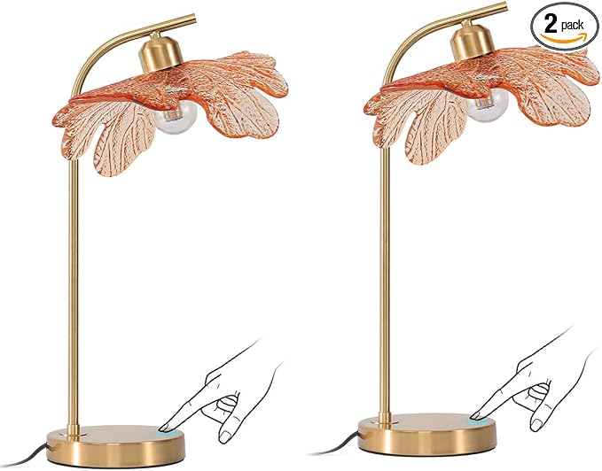 Mid Century Modern Table Lamps 2-Pack with Touch Switch, 18.9-inch Tall Gold Nightstand Lamps Amber Glass Bedside Lamps for Living Room Bedroom Office