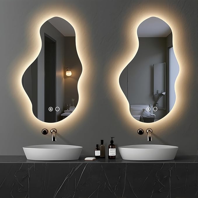 Modern Irregular LED Bathroom Mirror with Lights, Asymmetrical Frameless Smart Lighted Wall Mirror for Living Room Entryway, Large Decorative Makeup Vanity Mirror with Touch Switch(29.2″x51.2″)
