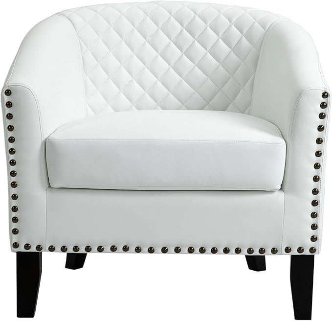 UIXE Faux Leather Barrel Accent Chair Modern Club Arm Chair, Comfy Upholstered Armchair Nailhead Trim Living Room Single Sofa Reading Seat Bedroom Side Sitting for Office Home, White
