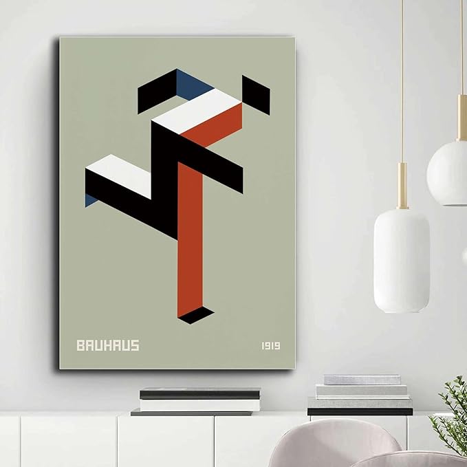 Printed Canvas Painting Wall Art Bauhaus Print 1919 Exhibition Poster Running Man Geometric Decor Modern Minimalist Abstract Sage Green Wall Art Kitchen and Dining Room Wall Decoration 8x12inch wood Frame