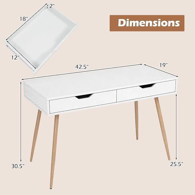 Giantex Mid-Century Desk with 2 Drawers, 42.5" Writing Study Desk with Tapered Legs, Home Office Computer Workstation PC Laptop Desk, Modern Makeup Vanity Table for Bedroom (White & Natural)