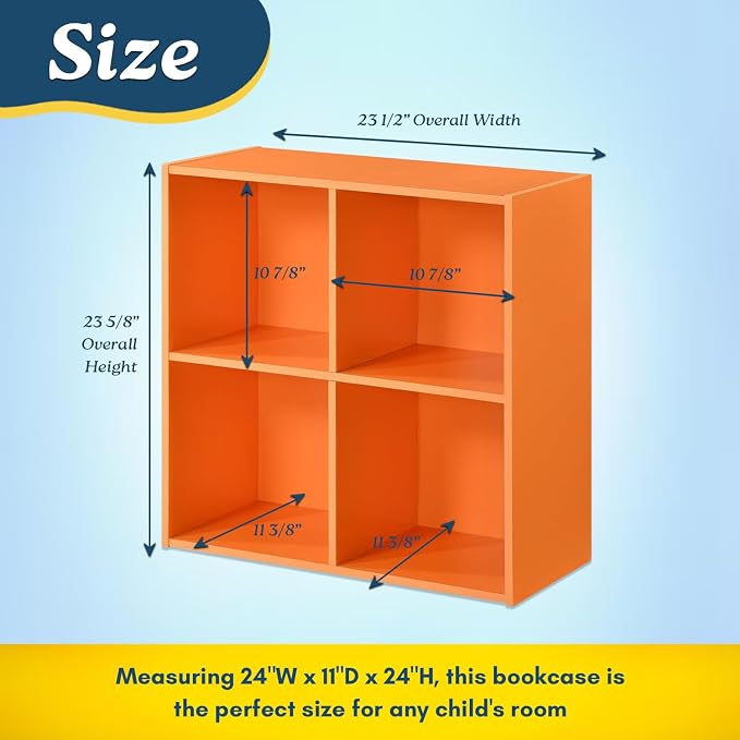 Kings Brand Furniture George 4-Cube Storage Organizer, 2-Tier Bookcase with Wood Shelves for Living Room, Bedroom, Nursery, or Home Office (Orange, 1-Pack)