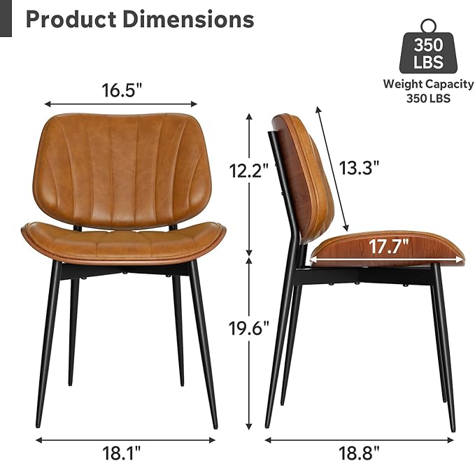 Dining Chairs Set of 2, Mid Century Modern Dining Room Chair, Upholstered Faux Leather Kitchen Chairs with Walnut Bentwood Back and Metal Legs for Kitchen Dining Room Living Room, Brown