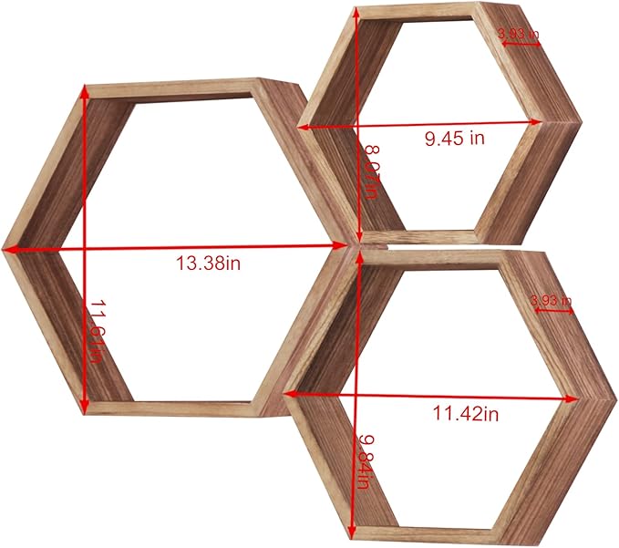 PHOENANCEE Hexagon Floating Shelves,Honeycomb Shelf,Wall Mounted Rustic Wood Octagon Hanging Storage Shelves Set of 3 for Living Room Bedroom Bathroom Office Hexagonal Decor(Carbonized Black)