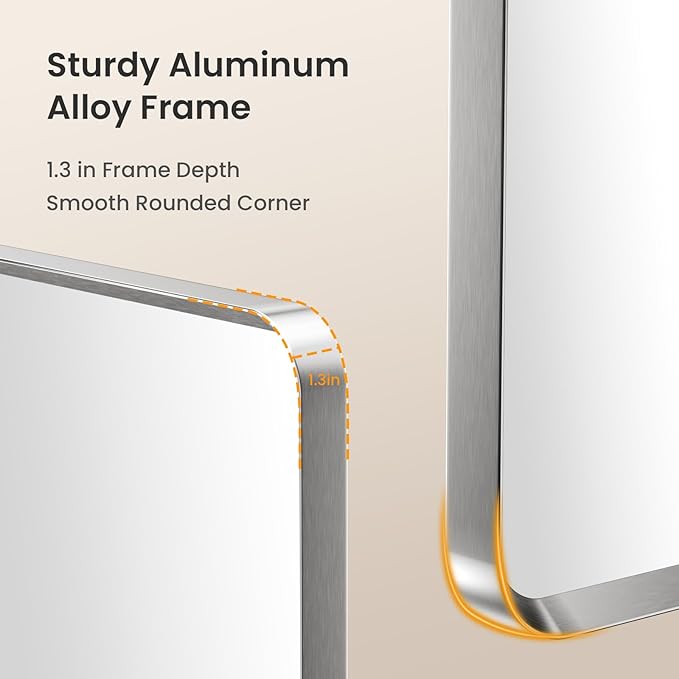 Bathroom Mirror, Rounded Rectangle Wall Vanity Mirror, Metal Framed, Tempered Glass, Shatter-Proof, Vertical or Horizontal Hanging, 30 x 36 Inches, Brushed Nickel Silver