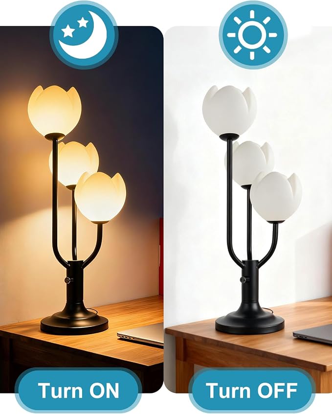 Lightdot Flower Table Lamp for Living Room Modern 3-Light Modern Mid Century Cute Desk Lamp 3000K Warmwhite Dimmable Bedside Nightstand Lamp for Bedroom Reading-Black