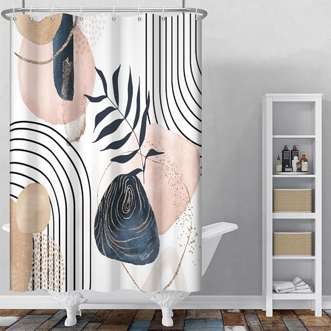 Modern Bohemia Shower Curtain for Bathroom Abstract Minimalist Bathroom Set Decor Stripes Palm Leaves Chic Aesthetic Washable Waterproof Polyester Fabric with Hooks 36x72 Inch