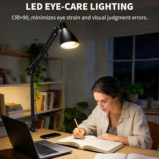 Metal LED Desk Lamp for Home Office, 32" Swing Arm Architect Desk Lamp with Clamp, 5 Color Modes 10 Brightness Task Lamps, Adjustable Gooseneck Clip-on Table Light for Reading Home Work Study, Black