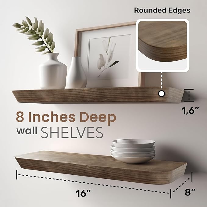 Wood Floating Shelves for Wall 16 Inch (Set of 2) - Floating Bathroom Shelves for Room Wall- Small Wall Mounted Shelf for Bedroom Kitchen Living Room - 8 inch deep, American Walnut, Matte