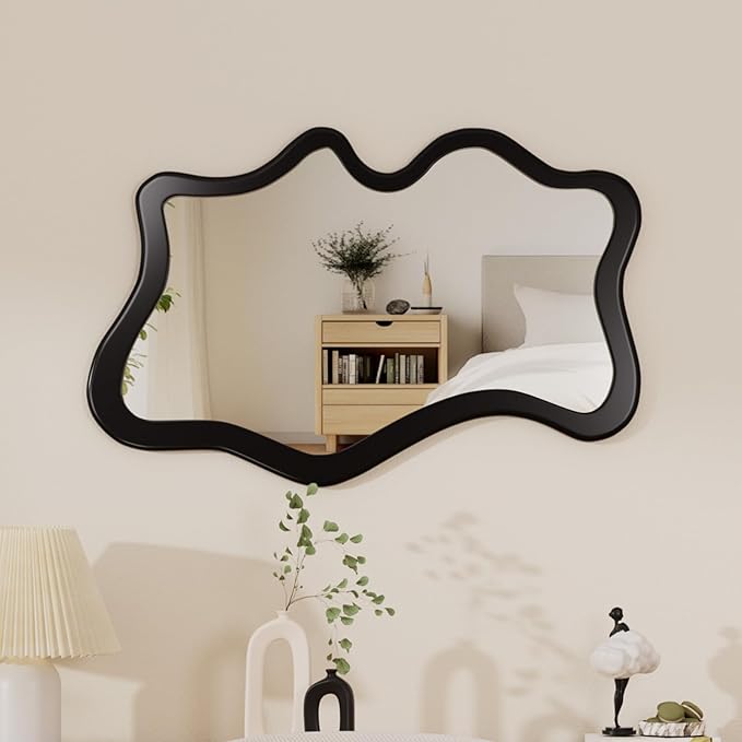 43"x 28" Irregular Wall Mirror, Black Wood Framed Wall Mirror, Asymmetrical Wall Wavy Mirror for Living Room Bedroom Entryway Bathroom Modern Decorative Mirror with Hanging Hooks