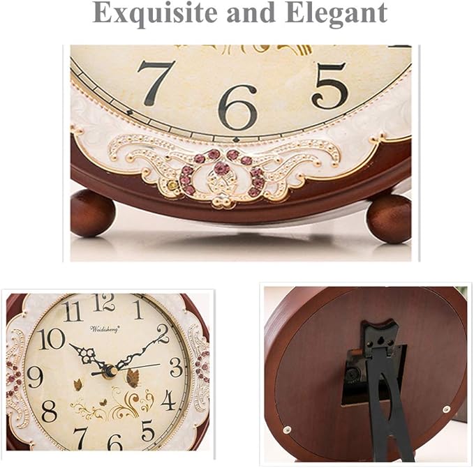 Justup Vintage Table Clock, Retro Non-Ticking European Style Beside Desk Clock Battery Operated Silent Quartz Movement for Bedroom Living Room Indoor Decor (Brown)