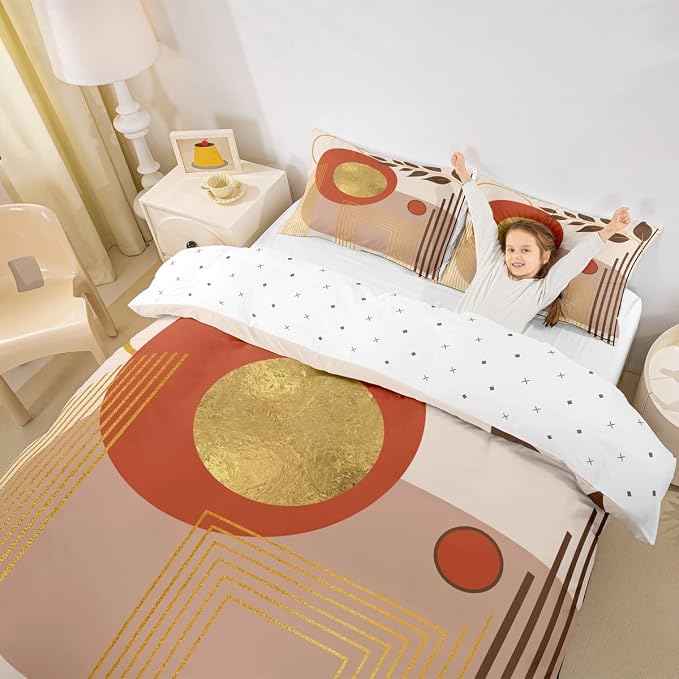 Erosebridal Beige Brown Abstract Boho Duvet Cover Full Size Minimalist Aesthetic Neutral Comforter Cover Mid Century Modern Bedding Set Botanical Leaves Geometric Bed Set