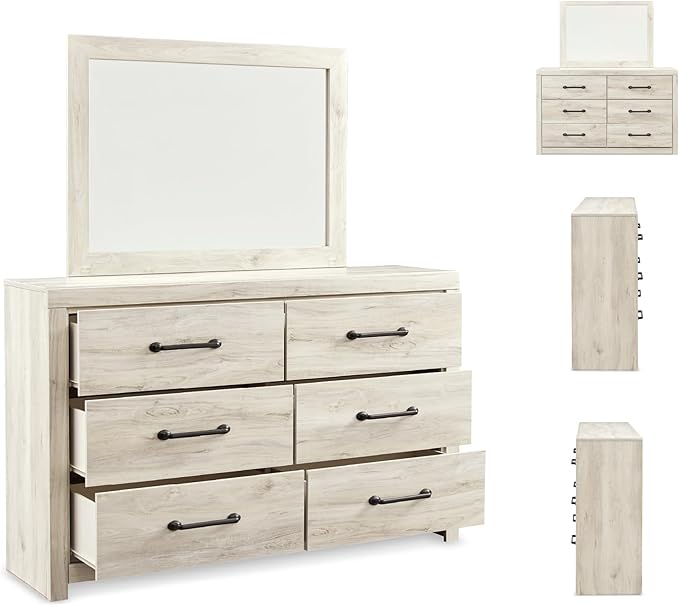Signature Design by Ashley Cambeck Vintage Smooth-Gliding 6-Drawer Dresser and Mirror with Safety Stop, Whitewash