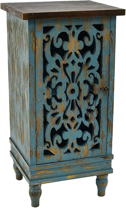 eHemco Distressed Blue Accent End Table with Pierced Floral Fretwork Door – Vintage Rustic Wood Storage Side Table for Living Room