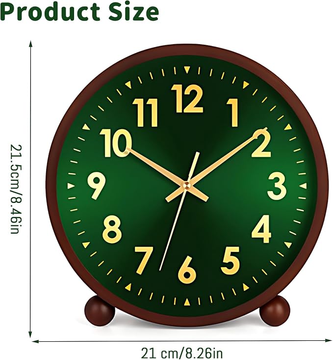 Maxspace Wooden Table Clock,8in Silent Non-Ticking Desk Clock, Battery Operated Desktop Analog Clock for Living Room Office Bedroom Decor (Green Gold - Walnut, Wooden Ball Base)