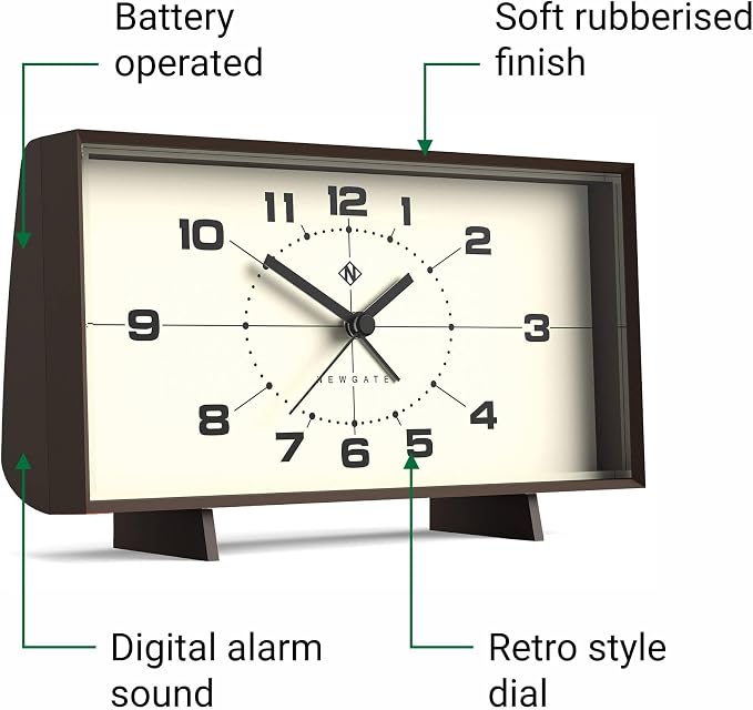 NEWGATE® Wideboy Alarm Clock | Rectangular Retro Design | Mocha Brown | Mid-Century dial | Ideal for Bedside, Desk, Mantel or Shelf | Retro Bedroom & Office Accessory