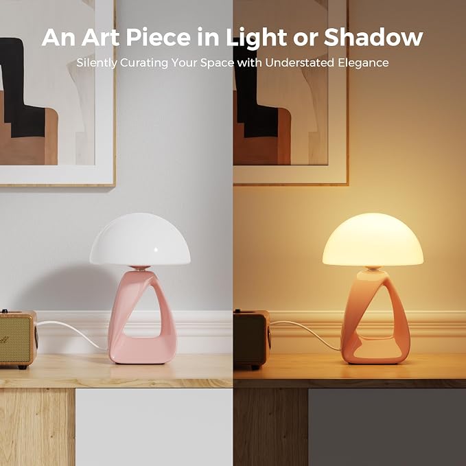 Mushroom Lamp, Small Table Lamp for Bedroom, Creative Geometric Ceramic Base Bedside Lamp, Mid Century Modern Side Table Lamp for Living Room Nightstand, Unique Aesthetic Home Decor Gift Ideas, Pink