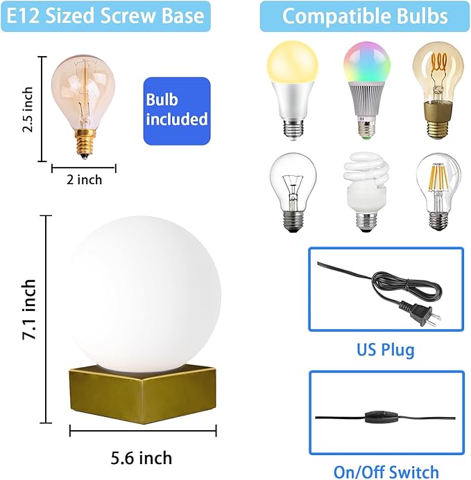 FLORNIA Globe Tble Lamp, Modern Industrial Round Table Lamp, Unique Bedside Nightstand Desk Lamp with Glass Shade and Marble Base for Bedroom, Living Room, Office Study, Decoration (Include Bulb G45)