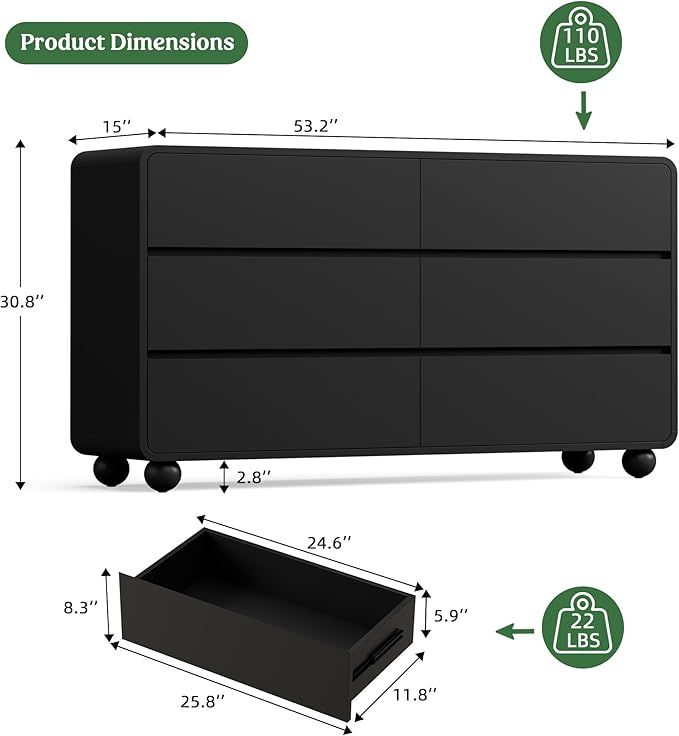 Lulive Wood Dresser for Bedroom, 53” Wide Chest of Drawers with 6 Drawers, Modern Closet Storage Drawer with Curved Profile Design for Living Room, Hallway, Entryway, Black