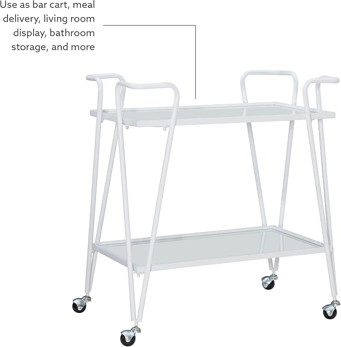 Linon Gina White Mid-Century Bar Cart with Mirrored Shelves and Locking Wheels