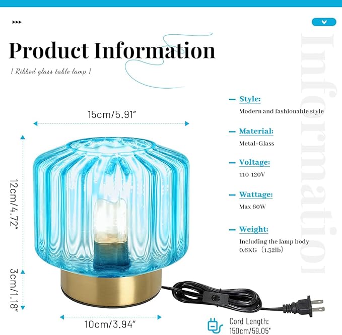 Mid Century Modern Table lamp Small Table Lamps with Touch Metal Base and Blue Glass Shade Vintage Gold Desk lamp nightstand lamp Bedside Table lamp for Bedroom Living Room Office