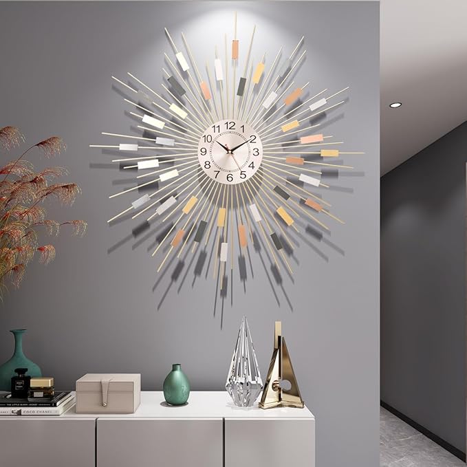 Starburst Round Wall Clock Decor 24" Silent Battery Operated, Mid Century Modern Metal Decorative Wall Clock for Living Room Bedroom Office
