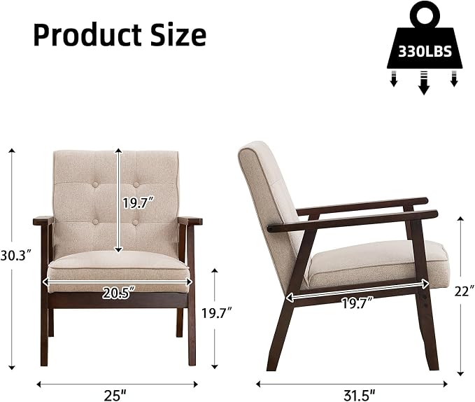 IOMOR Accent Chair Mid Century Modern Chair for Living Room, Comfy Fabric Armchair with Solid Wood Frame Soft Thick Padded, Side Chairs Easy Assembly (2, Fabric Beige)