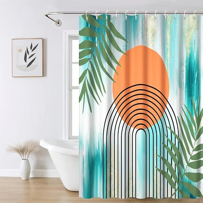 Modern Boho Teal Shower Curtain for Bathroom Abstract Minimalist Bathroom Decor Set Green Leaves Arch Orange Sun Bathtub Curtains Machine Washable Waterproof Polyester Fabric with Hooks 72x84 Inch