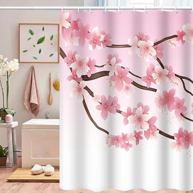 Cherry Blossom Shower Curtain Romance Pink Floral Branches Shower Curtains for Girly Woman Bathroom Accessories Waterproof Polyester Fabric with Hooks, 48 x 72 Inch