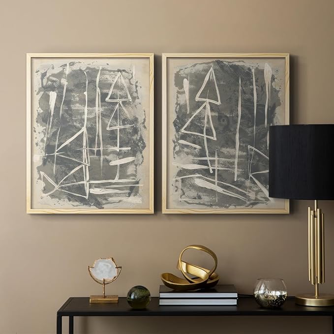 Renditions Gallery Set of 2 Peel & Stick Framed Prints, Trendy Abstract Wall Art, Textured Linework Striking Wall Decor, Re-Stickable - Ready to Hang - 22"x28" - NATURAL WOOD Frame LT588