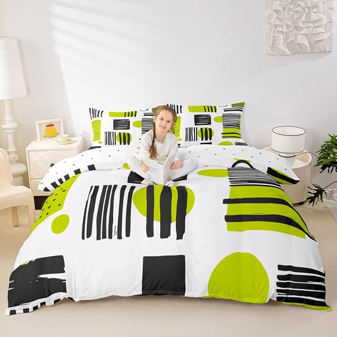 Geometric Stripe Circle Square Comforter Cover Modern Mid Century Bed Set, Hippie Minimalist Duvet Cover Twin Size Fifties Retro Old Fashion Bedding Sets, Black Green White Bedspread Cover