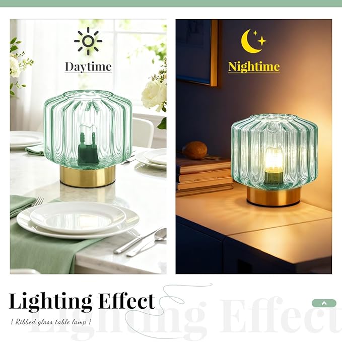 Bedside Table Lamp Touch nightstand lamp with Dark Green Glass Shade Mid Century Modern Table lamp Gold Desk lamp Small Mini Vintage Table Light for end Table Bedroom Living Room Office