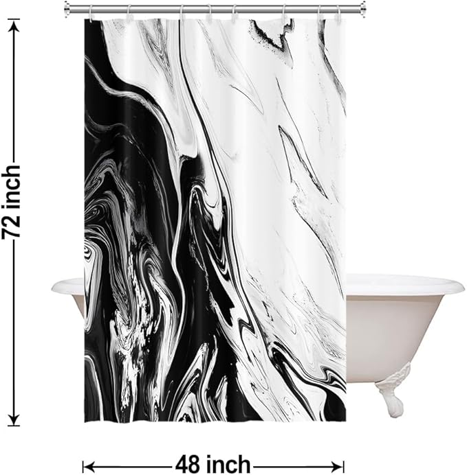 Black and White Shower Curtain, Modern Abstract Black Marble Shower Curtain for Bathroom Aesthetic Ink Texture Waterproof Shower Curtain Set with Hooks, 48x72 Inch