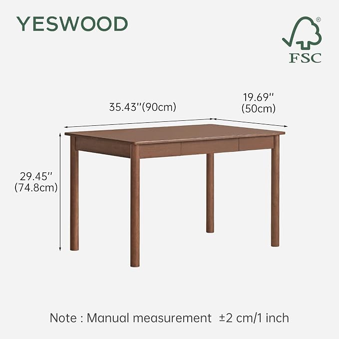 YESWOOD 100% Solid Wood Desk, Mid Century Modern Computer Desk, Home Office Writing Desk with Drawers for Study Living Room (35.43" W)