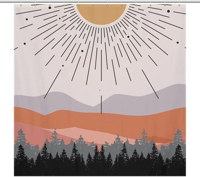 Mid Century Boho Shower Curtain,Abstract Sunset Geometric Mountain Forest Aesthetic Bathroom Curtain Polyester Waterproof Fabric Decor 72x72in（183x183cm）