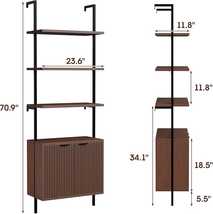 Set of 2 Ladder Bookshelf with Cabinet, 71" Tall Bookcase with Shelves & Storage, Fluted Ladder Shelf with Metal Frame, 6-Tier Display Rack for Living/Bedroom, Home & Office, Walnut & Black