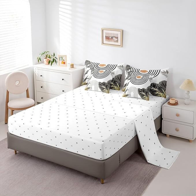 Erosebridal Modern Boho Bedding Set Twin Grey White Aesthetic Comforter Set 7 Piece Abstract Mid Century Bed in A Bag for Kids Girls Women Simple Tropical Palm Leaf Quilt with Flat Fitted Sheet