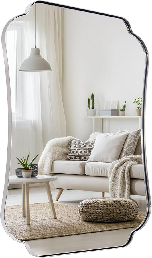 ANDY STAR Chrome Bathroom Mirror 24x36 Inches, Modern Scalloped Wall Mirror with Distinctive Notched Edge Stainless Steel Frame for Hallway, Lounge and Vanity Area
