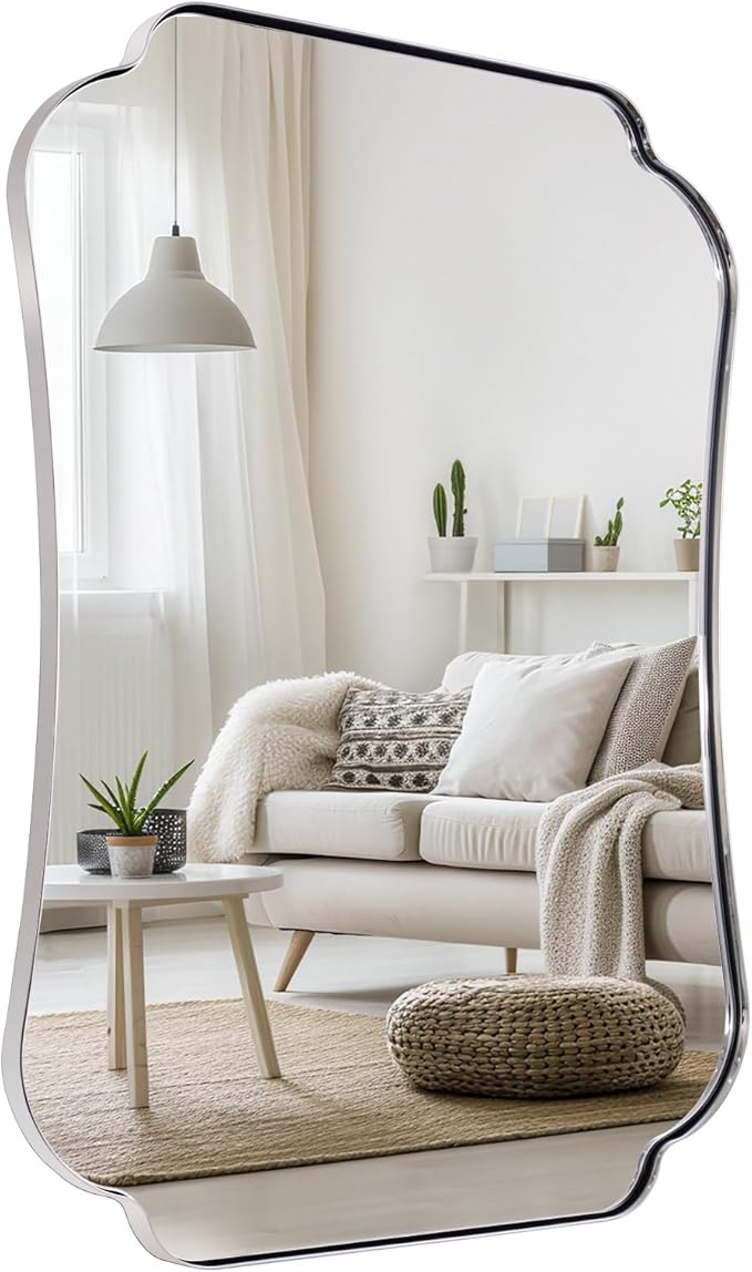 ANDY STAR Chrome Scalloped Mirror, 26x38 Inch Polished Chrome Mirror, Unique Bathroom Mirror with Scalloped Edge Design, Rust-Proof Stainless Steel 1’’ Frame, Home Decor