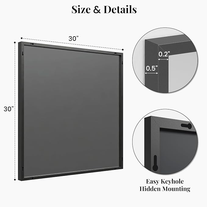 30"x30" Square Black Bathroom Mirror, Shatterproof Tempered Glass, Geometric Narrow Metal Frame Vanity Mirror, Ultra-Flush Wall-Mounted