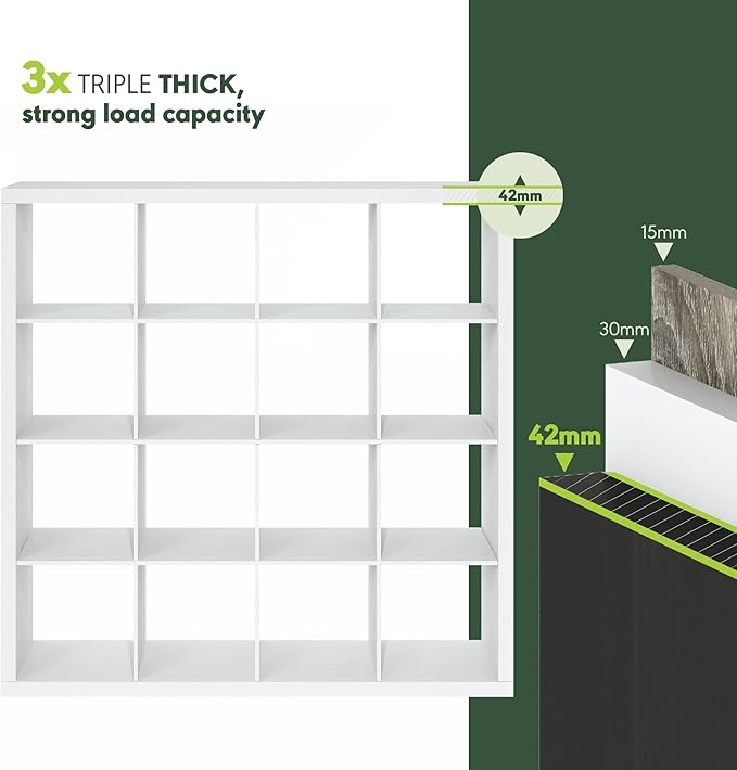 Furinno Cubicle Book Shelf, 16-Cube Bookshelf, Triple Thick Frame Cube Storage Organizer, 1.65" Bookcase, 15.4" x 57.4" x 56.9", for Home Office, Living Room, Plain White