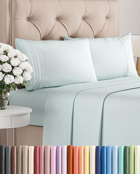 Cal King Size 4 Piece Sheet Set - Comfy Breathable & Cooling Sheets - Hotel Luxury Bed Sheets for Women & Men - Deep Pockets, Easy-Fit, Soft and Wrinkle Free Sheets - Ice Blue Oeko-Tex Bed Sheet Set
