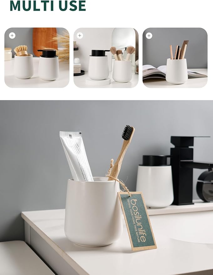 Bosilunlife Soap and Toothbrush Holder Set - Ceramic Bathroom Accessories Set White Liquid Hand Soap Dispenser Set for Bathroom Toothbrush Holder and Soap Dispenser Set