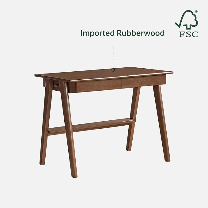 YESWOOD 100% Solid Rubber Wood Desk, Mid Century Modern Writing Computer Desk in Walnut Finish with Drawer for Home Office, Sturdy Room, Bedroom 39.37" W