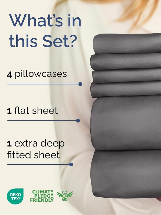 Extra Deep Cal King Sheet Set - 6 Piece Breathable and Cooling Sheets - Hotel Luxury Bedding for Women, Men, Kids & Teens - Easy & Secure Fit - Soft, Wrinkle Free and Comfy - Extra Deep Pockets - Grey