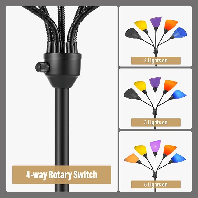 Medusa Floor Lamp, Multi Head 5 Light Floor Lamp for Bedroom with 10 Lampshade, Adjustable Neck Reading Standing Lamp for Living Room,Office,Kids,Classroom (Black)