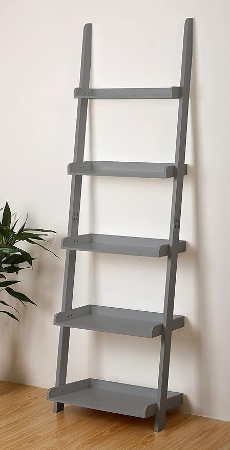 eHemco Modern 5 Tier Leaning Wall Ladder Bookshelf Organizer, Storage Rack, 70 Inches, Gray