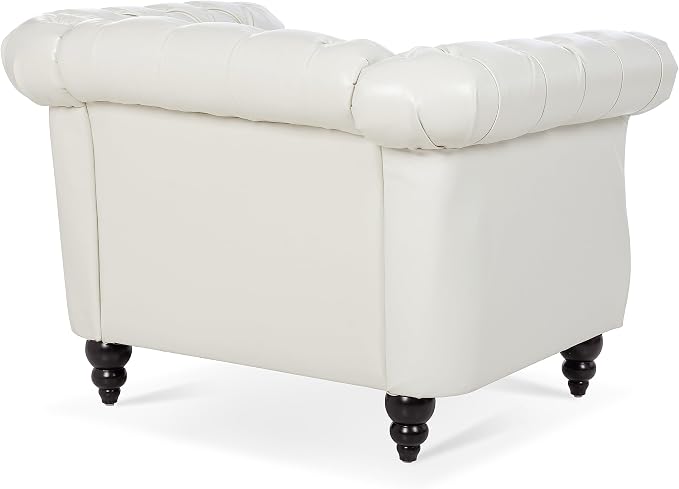 LEVNARY Leather Upholstered Armchair, Mid-Century Modern Single Sofa Chair with Rolled Arms and Nailhead, Tufted Pu Leather Chesterfield Chair for Home Bedroom Reading Room (Cream White)