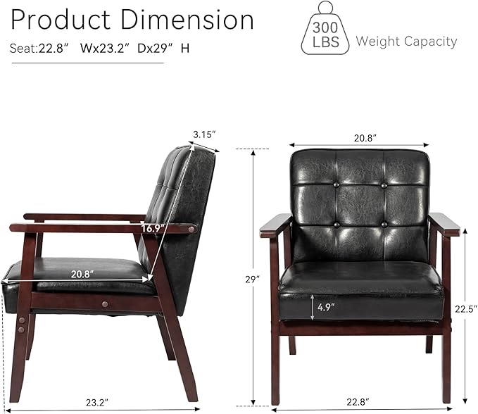 Okeysen Mid Century Modern Accent Chair, Retro Wood and Leather Armchairs Side Chair, Lounge Reading Comfy Arm Chair for Living Room, Bedroom, Office (Black)